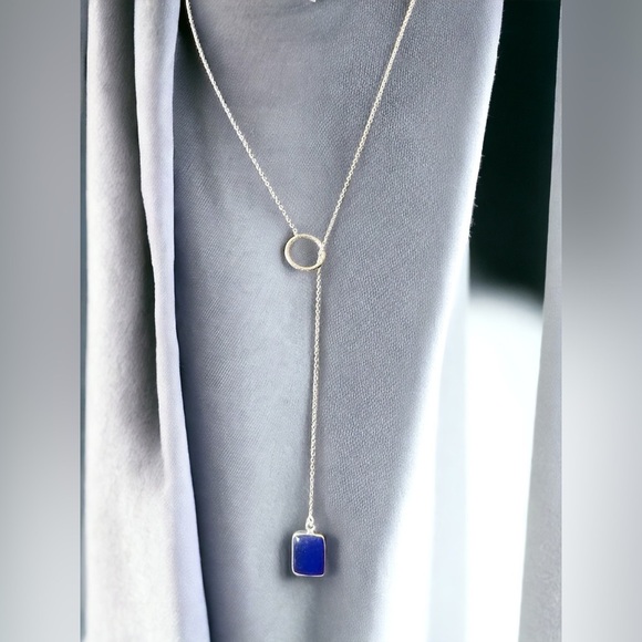 Blue Jade Sterling Silver Lariat Necklace - Picture 2 of 5